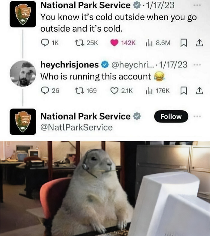 A funny animal meme of a prairie dog wearing a headset and working at a computer, with a tweet from the National Park Service about cold weather.