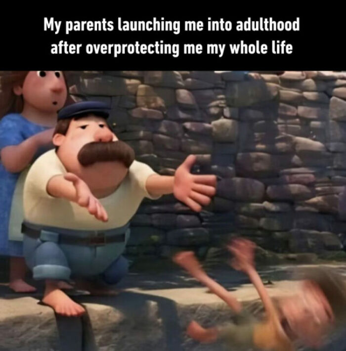 A hilariously relatable meme shows parents launching an adult child into a ditch, symbolizing adulthood struggles.