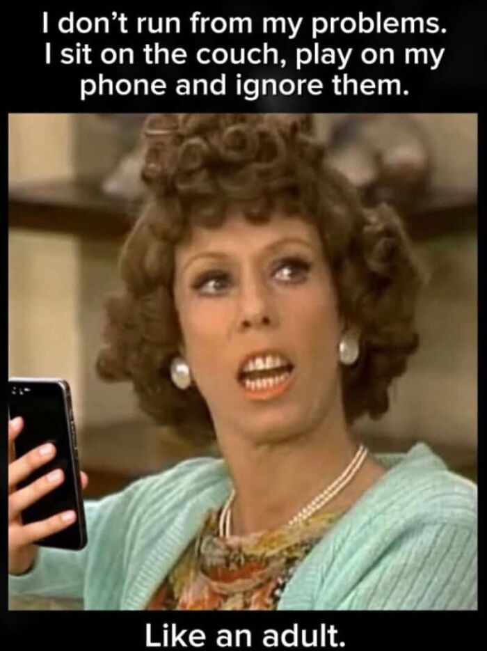 Hilariously relatable memes for adults: a woman on her phone, ignoring problems, like an adult.
