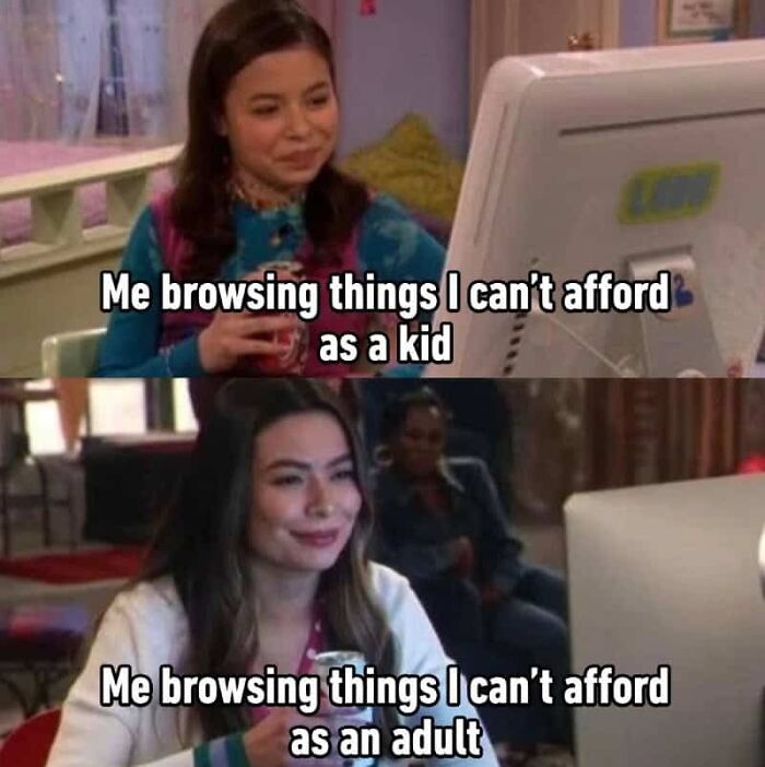 Hilariously relatable memes for adults: a split image showing a woman browsing things she cant afford as a kid and as an adult.