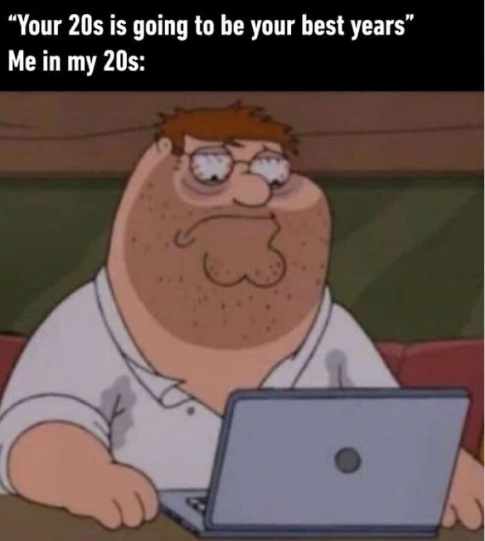 A relatable meme for adults showing a tired Peter Griffin from Family Guy on a laptop, representing the 20s.