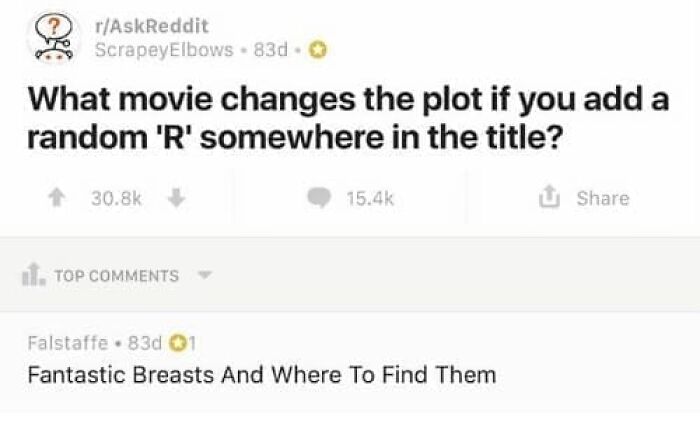 Screenshot of Reddit comments discussing movie plot changes by adding the letter 'R', with a funny movie title example.