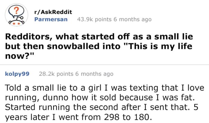 Screenshot of Reddit comments about a small lie that snowballed, showing a user's story of starting to run after a lie.