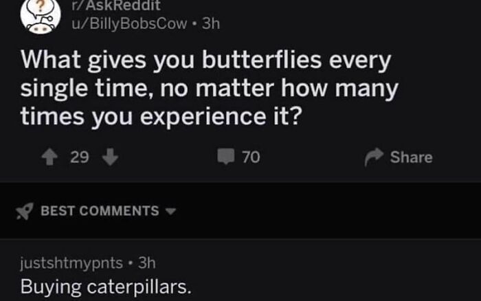 A Reddit post asking what gives you butterflies, a humorous thread proving you need to read the comments.