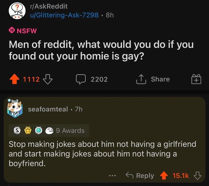 A Reddit thread asking Men of reddit, what would you do if you found out your homie is gay? with a humorous comment.