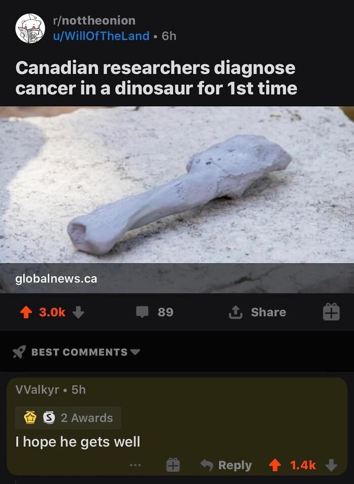 A Reddit thread about Canadian researchers diagnosing cancer in a dinosaur, with a lighthearted comment wishing the dinosaur well. Read the comments.