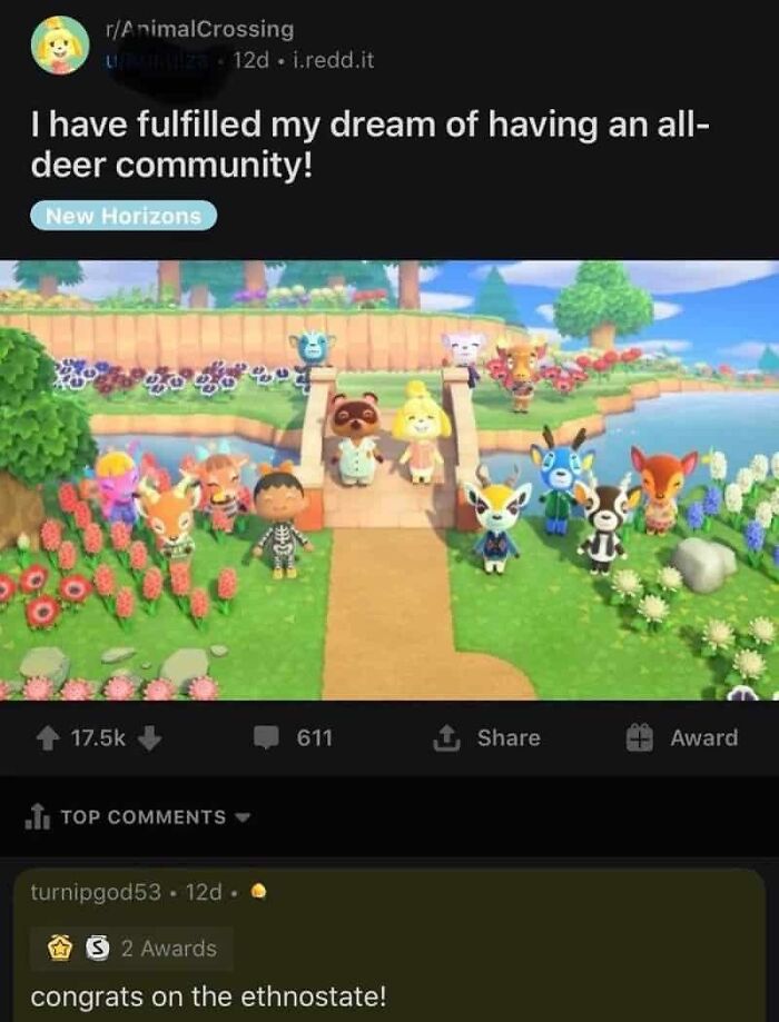 A Reddit post about an all-deer Animal Crossing community, with a humorous and unexpected comment. Always read the comments!
