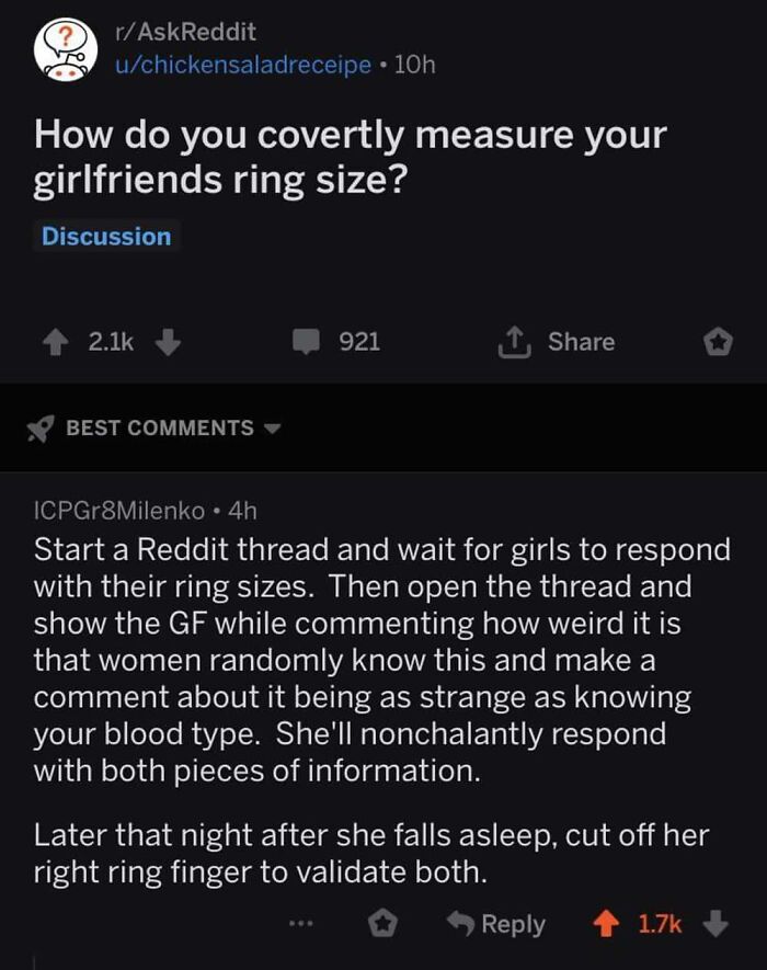 A Reddit thread about covertly measuring ring size, with a dark humorous comment about cutting off a finger, emphasizing you need to read the comments.