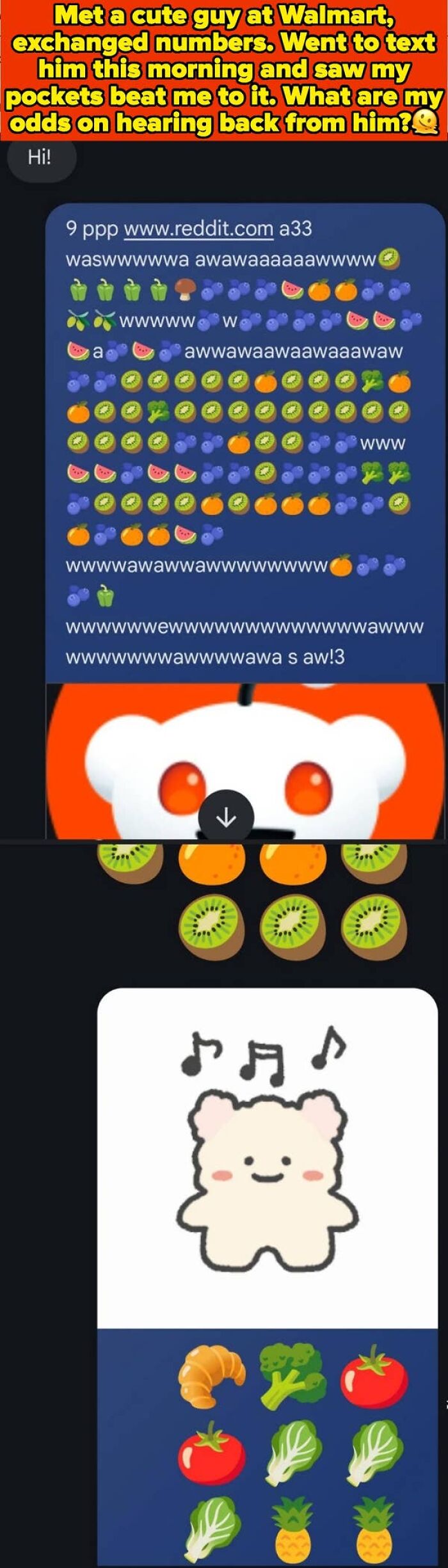 A cringy fail text message full of fruit and vegetable emojis, after a user asks about texting odds.