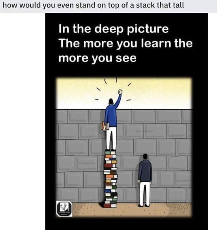 A cringy fail showing a man standing on books to see over a wall, a visual for unposted content.