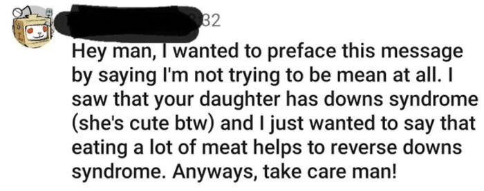 A cringy fail showing a message suggesting meat consumption can reverse Down syndrome, highlighting unposted content.