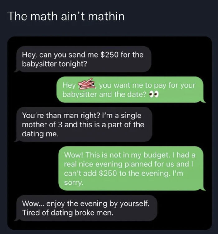 A cringy text exchange about dating expenses, showing a fail. This is not about an AI Girlfriend.