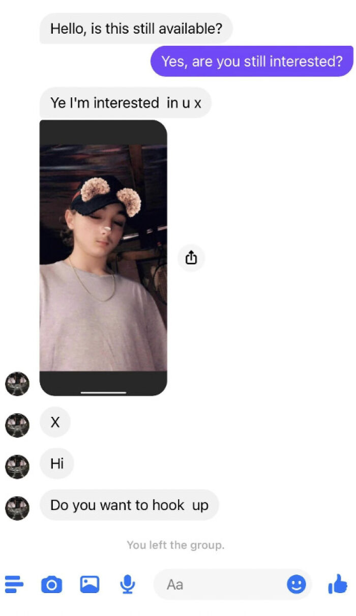 A cringy text exchange on a messaging app, featuring a person in a selfie. This is a fail, not AI Girlfriend content.