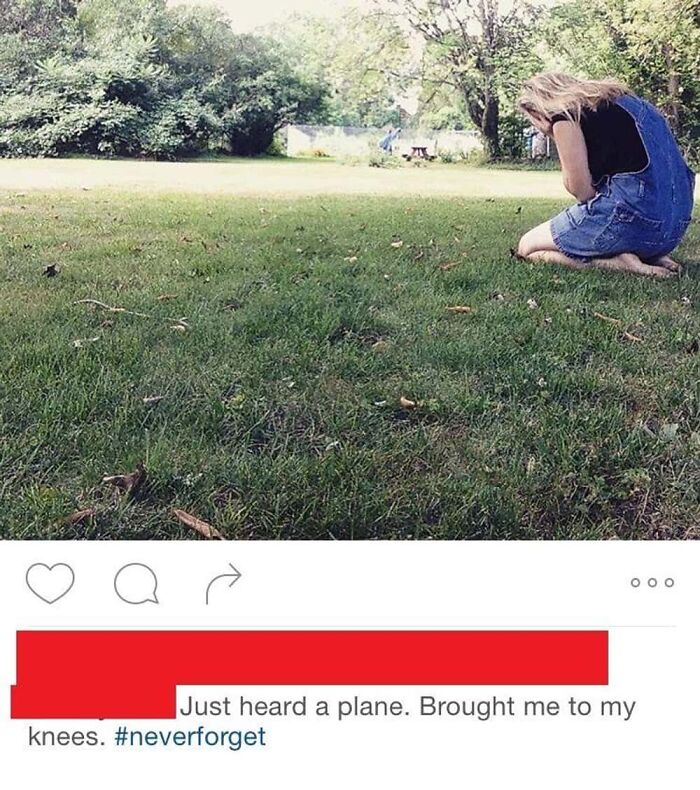A woman kneeling in grass, head down, with a text overlay about hearing a plane. This AI Girlfriend content is cringy.