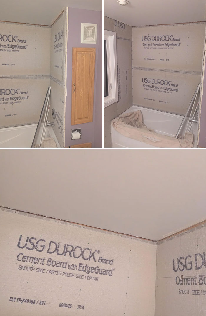 Bathroom walls with Durock cement board installed around a bathtub, indicating questionable home improvement projects.