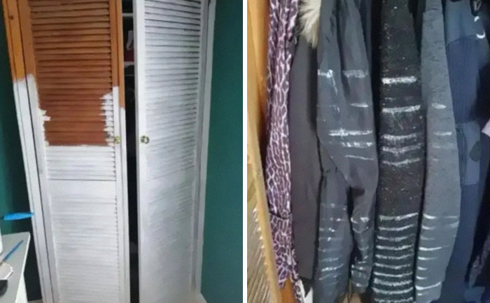 Questionable results from a home improvement project: paint splattered on clothes inside a closet with partially painted doors.