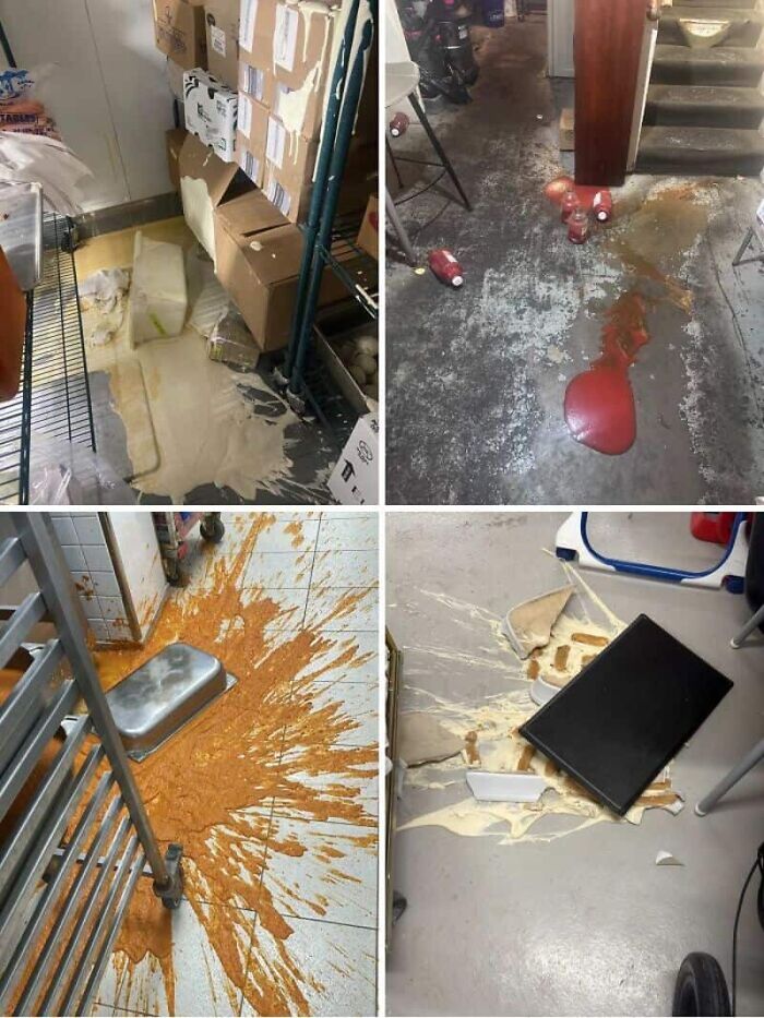 A collage of four images showing various kitchen fails with spilled food and messes on the floor.