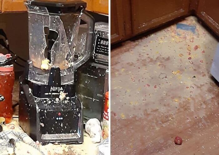 A broken blender with its contents splattered across the kitchen counter and floor, an epic kitchen fail.