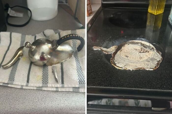 A melted teapot is shown next to its original form, a significant kitchen fail.