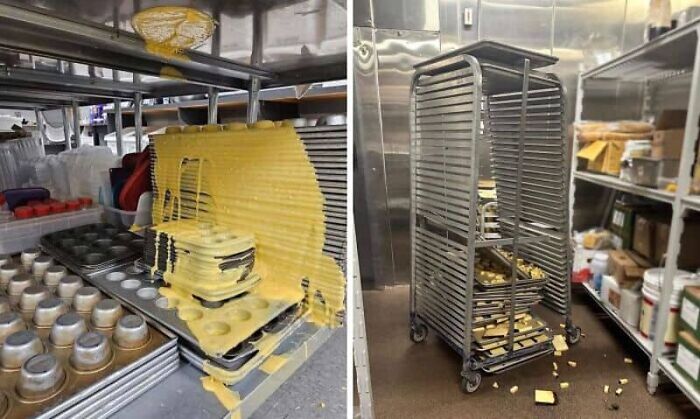 A double image of massive kitchen fails: one showing a large amount of yellow batter spilled on shelving, the other a rack of trays overturned with food scattered on the floor.
