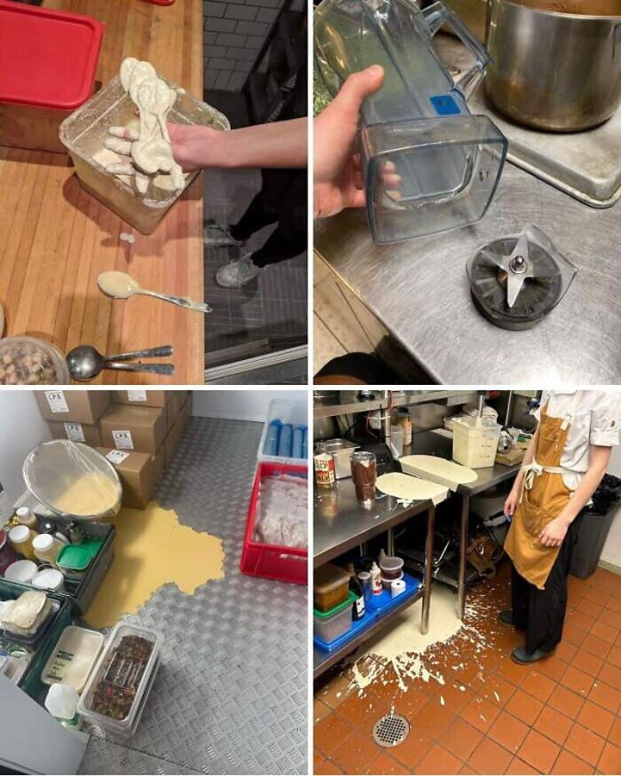 Four images in a collage depicting various kitchen fails, including spilled food and broken equipment.