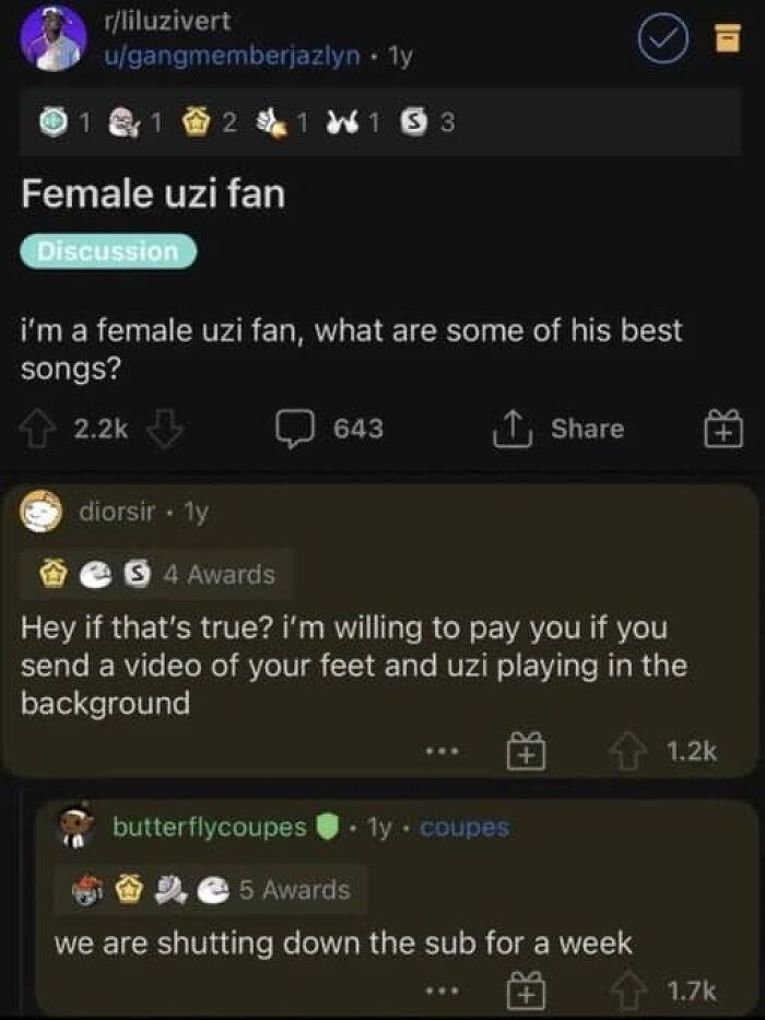 A Reddit post about a female Uzi fan with a cringe comment, a hilarious thread proving to read the comments.