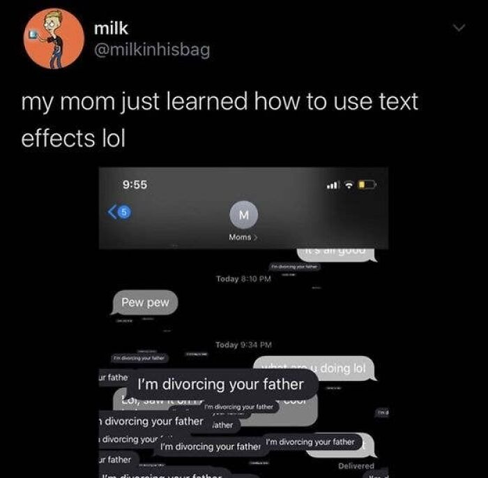 A screenshot of hilarious texts from a mom using text effects to repeatedly send 'I'm divorcing your father'.