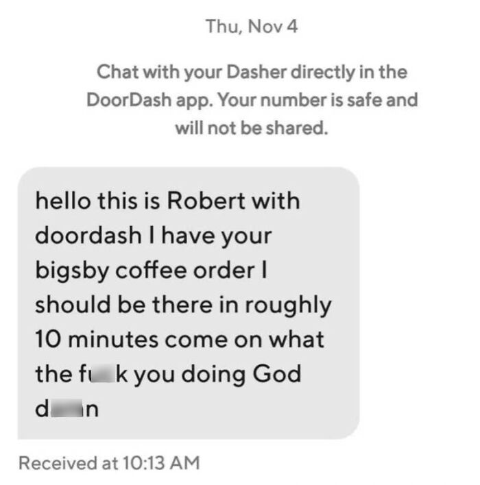 A screenshot of hilarious texts, including an unusual DoorDash message that might make you cringe or cry-laugh.