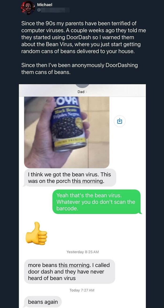 A screenshot of hilarious texts between parents and child about a 'bean virus' that might make you cry-laugh.