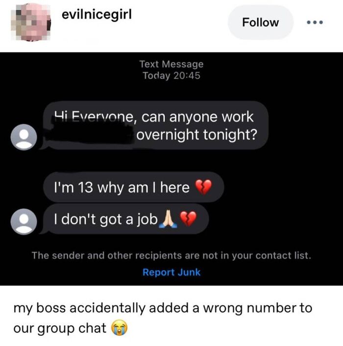 Funny text message about wrong number added to work group chat