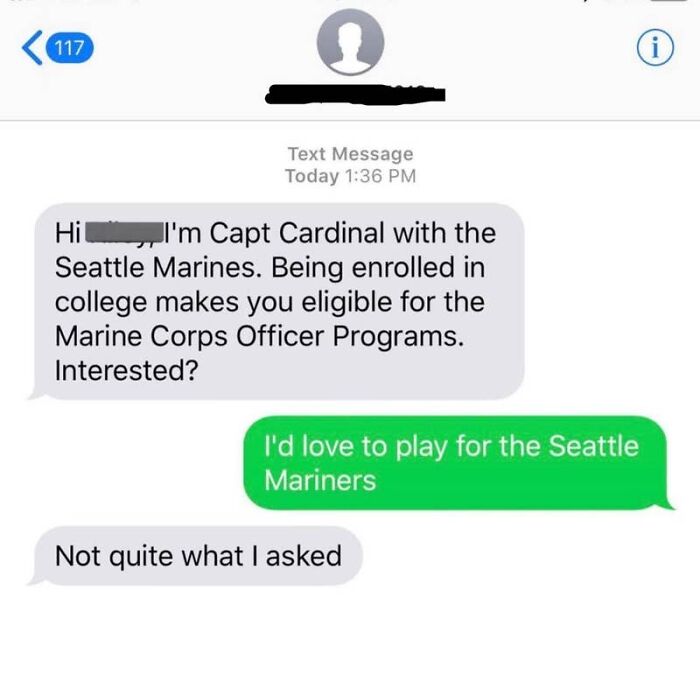 A screenshot of a text message conversation, featuring hilarious texts about someone confusing Seattle Marines with Seattle Mariners.
