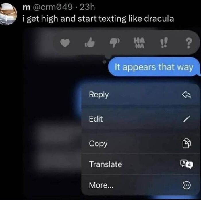 Tweet about texting like Dracula with funny reply It appears that way