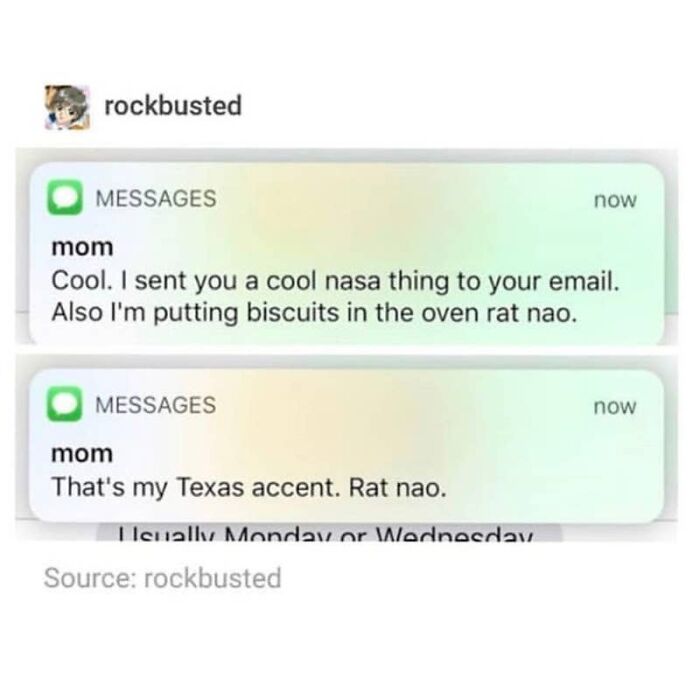 A screenshot of hilarious texts from a mom with a Texas accent saying rat nao instead of right now.