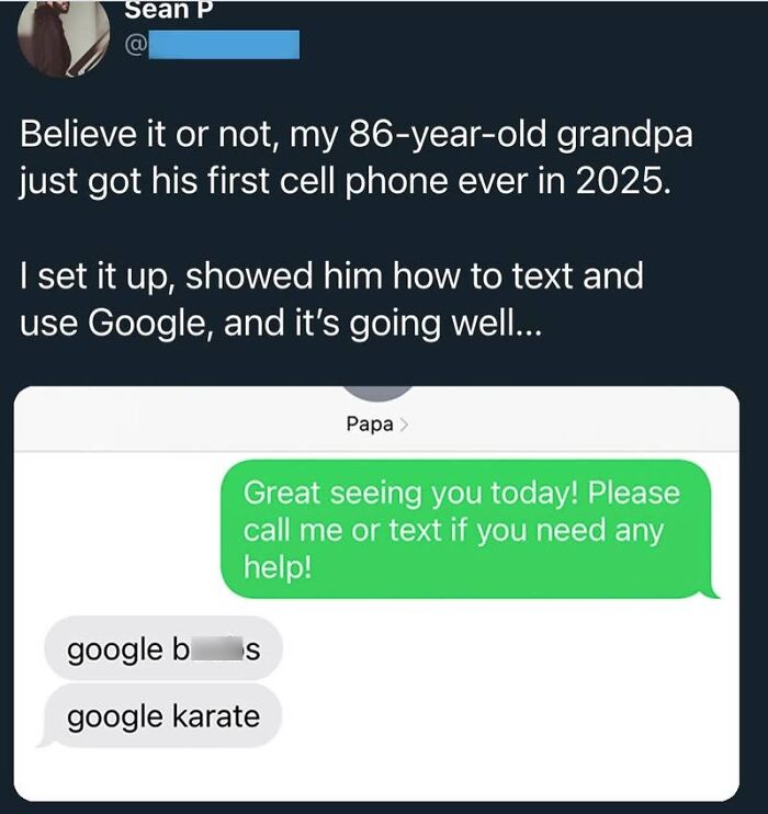 A screenshot of a hilarious text exchange between a grandpa and his grandchild about learning to Google.