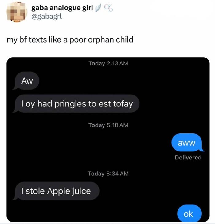 A funny text message conversation where someone describes eating Pringles and stealing Apple juice.