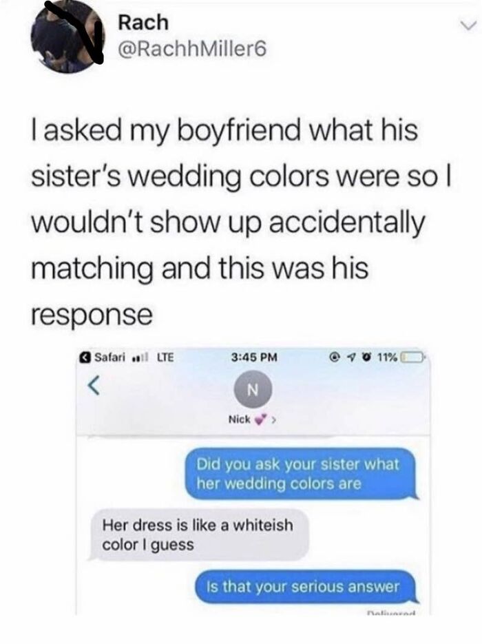 A humorous text conversation between a girlfriend and boyfriend about wedding colors, showing his unhelpful response.