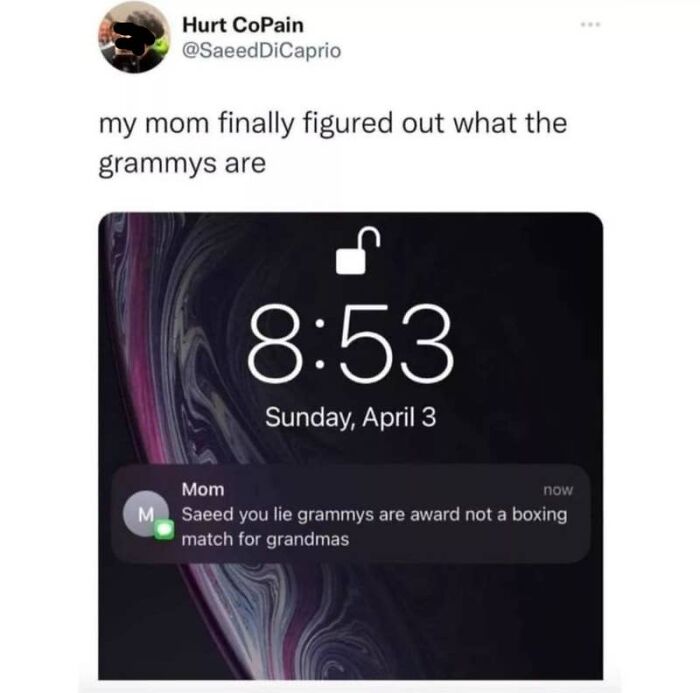 A screenshot of hilarious texts showing a mom discovering Grammys are awards, not boxing matches for grandmas.