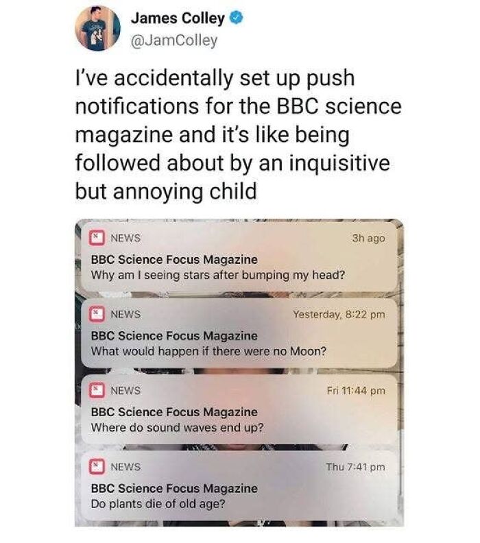 A screenshot of hilarious texts showing BBC Science Focus Magazine push notifications that feel like an annoying child.