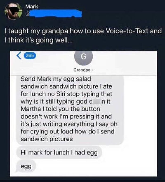 A screenshot of hilarious texts from a grandpa using voice-to-text, mistakenly sending a long, jumbled message.