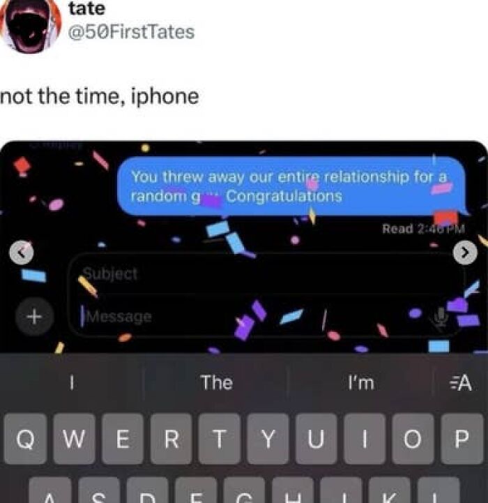A screenshot of hilarious texts with a breakup message displaying animated confetti, adding humor to the sad text.