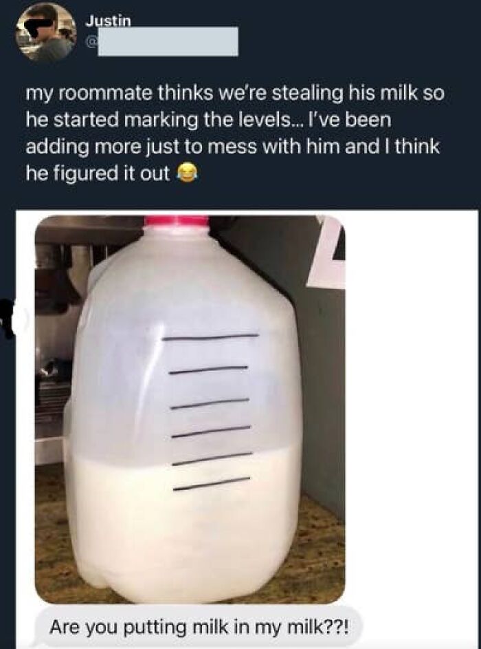 A screenshot of hilarious texts where a roommate adds milk to another's milk, who marked the levels, for a prank.