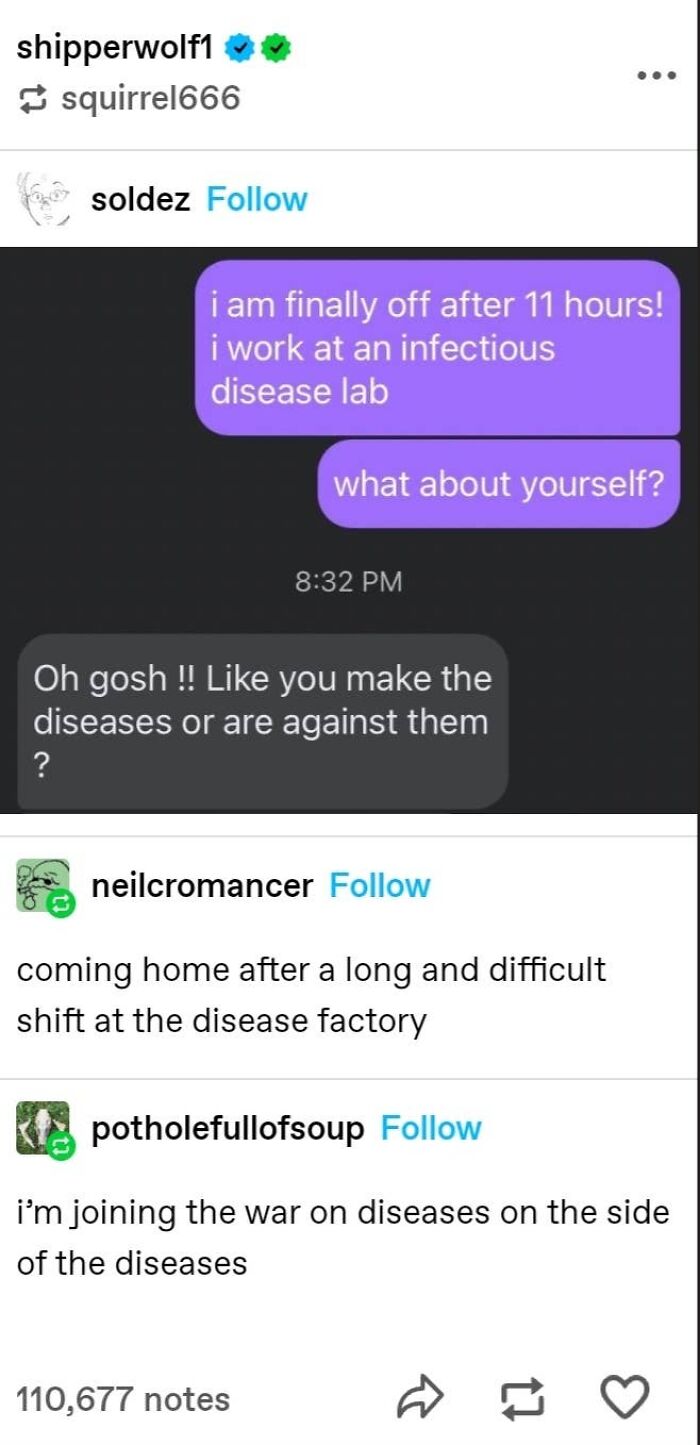 A screenshot of hilarious texts about someone working at an infectious disease lab, leading to funny comments about disease factories.