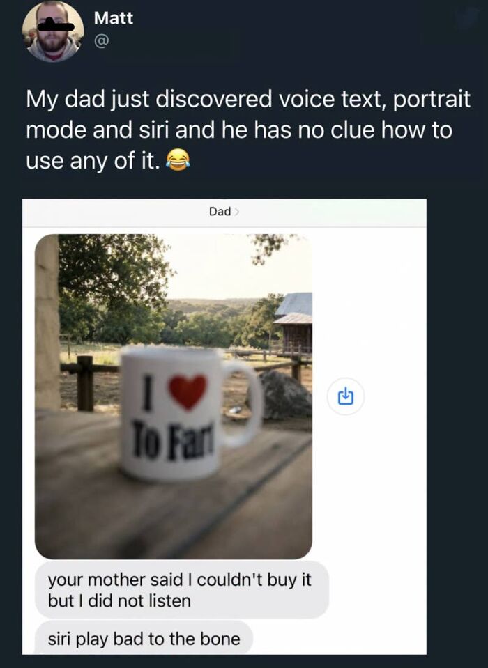 A screenshot of hilarious texts from a dad discovering voice text and Siri, including a photo of an I Love To Fart mug.
