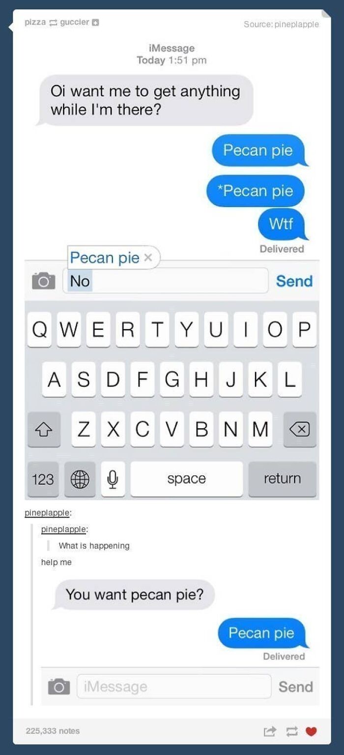 A screenshot of hilarious texts, a conversation about ordering pecan pie, with many autocorrect errors.