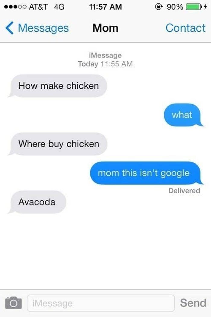 A screenshot of hilarious texts, a mom asking how to make chicken and where to buy chicken.