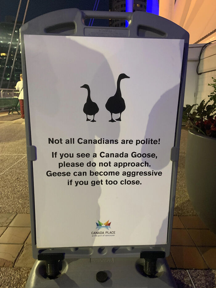A warning sign at Canada Place about aggressive geese, featuring silhouettes of two geese.