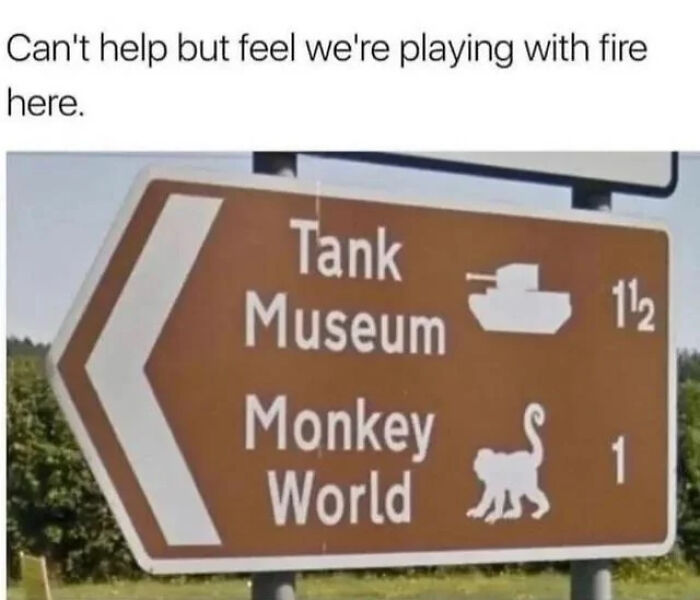 A brown road sign pointing to a Tank Museum and Monkey World, showing humorous signs