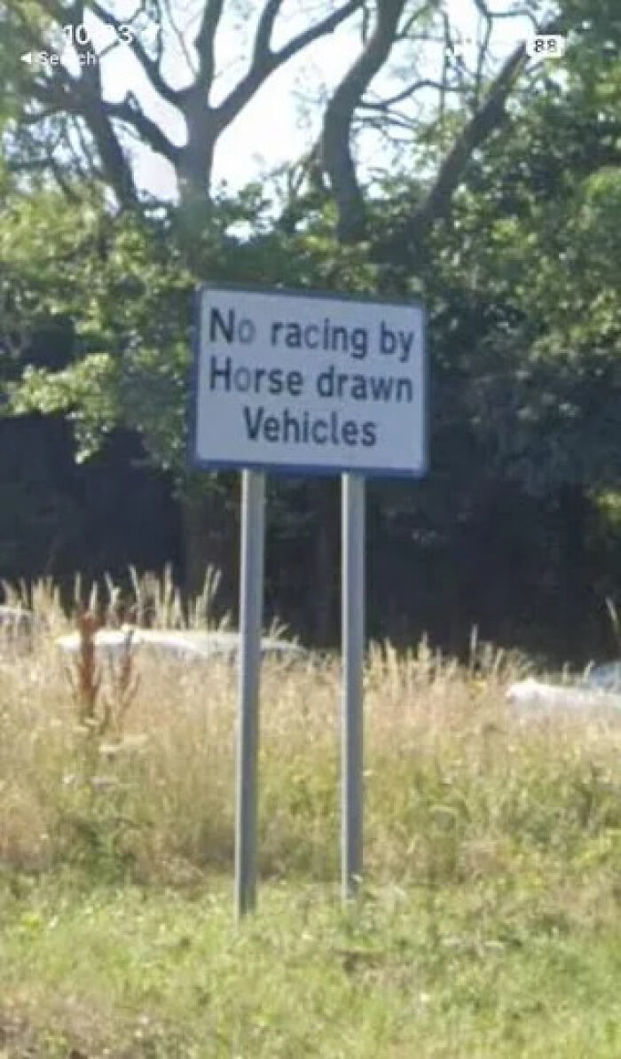 No racing by horse drawn vehicles sign on a roadside showing a funny mistake from around the world.
