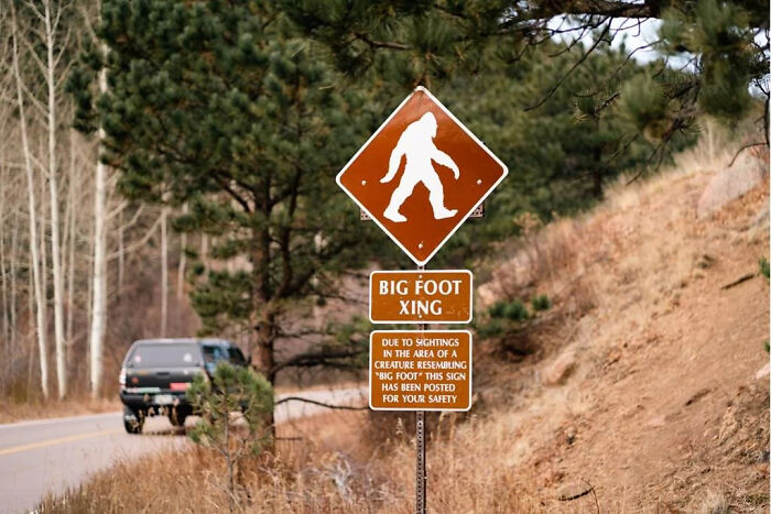 A brown roadside sign reading Big Foot Xing with an illustration of Bigfoot, a funny mistake.