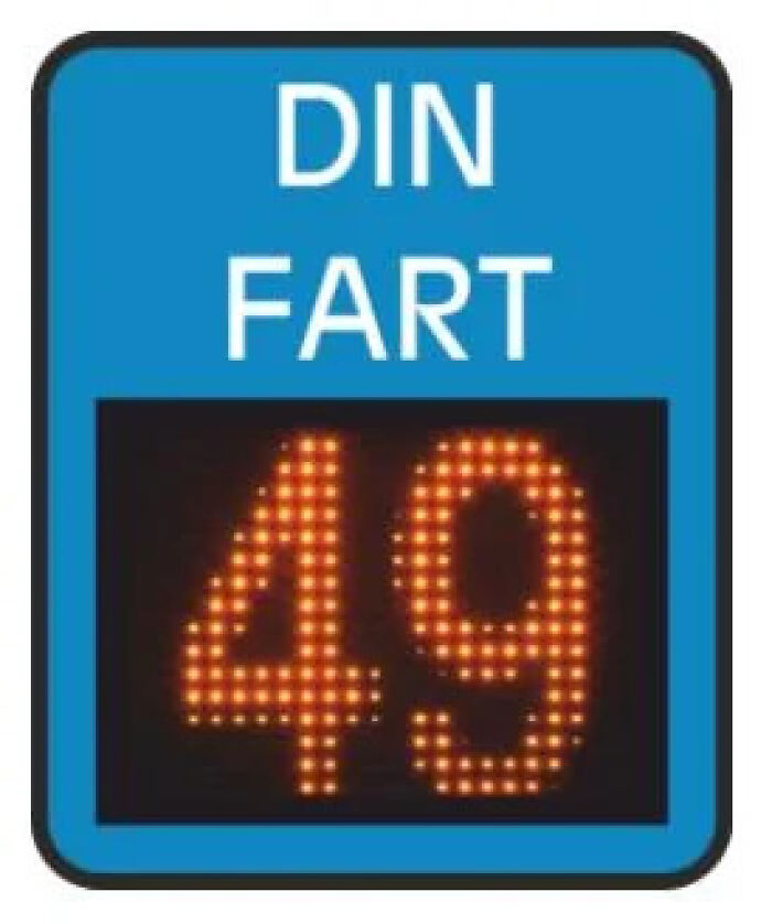 A blue European speed sign reading DIN FART 49, illustrating a translation mistake.